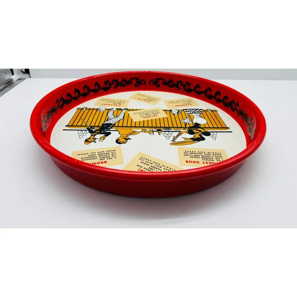 MCM Round Metal Cocktail Serving Tray - Cool Design - Classic Recipes